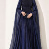 Long Sleeve Embellished Evening Dress with Cap Sleeves Navy Blue