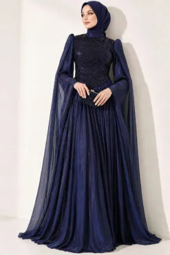 Long Sleeve Embellished Evening Dress with Cap Sleeves Navy Blue