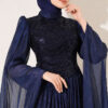 ⁦Long Sleeve Embellished Evening Dress with Cap Sleeves Navy Blue⁩ - الصورة ⁦2⁩