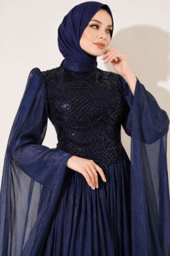 Alternative view of Long Sleeve Embellished Evening Dress with Cap Sleeves Navy Blue