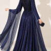 ⁦Long Sleeve Embellished Evening Dress with Cap Sleeves Navy Blue⁩ - الصورة ⁦3⁩