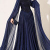 ⁦Long Sleeve Embellished Evening Dress with Cap Sleeves Navy Blue⁩ - الصورة ⁦4⁩