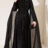 Long Sleeve Embellished Evening Dress with Cap Sleeves Black
