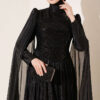 Long Sleeve Embellished Evening Dress with Cap Sleeves Black – Image 2