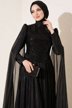Alternative view of Long Sleeve Embellished Evening Dress with Cap Sleeves Black