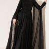 Long Sleeve Embellished Evening Dress with Cap Sleeves Black – Image 3