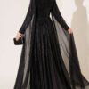 Long Sleeve Embellished Evening Dress with Cap Sleeves Black – Image 4