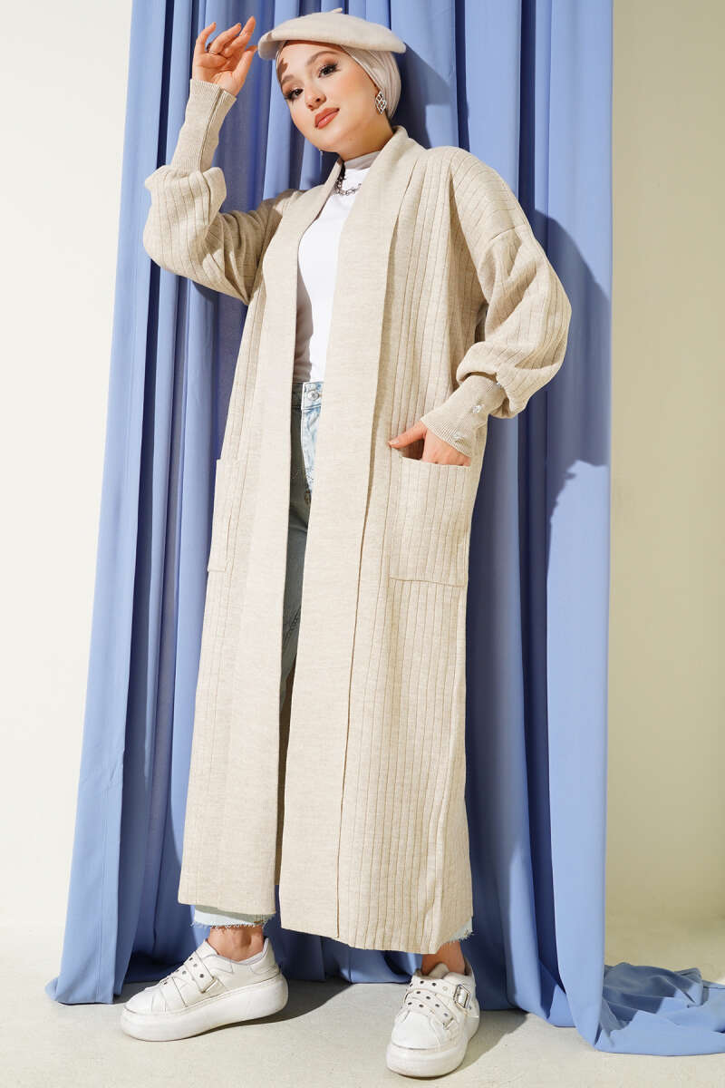 Buttoned Cuff Shawl Collar Knit Cardigan Beige - immagine 2