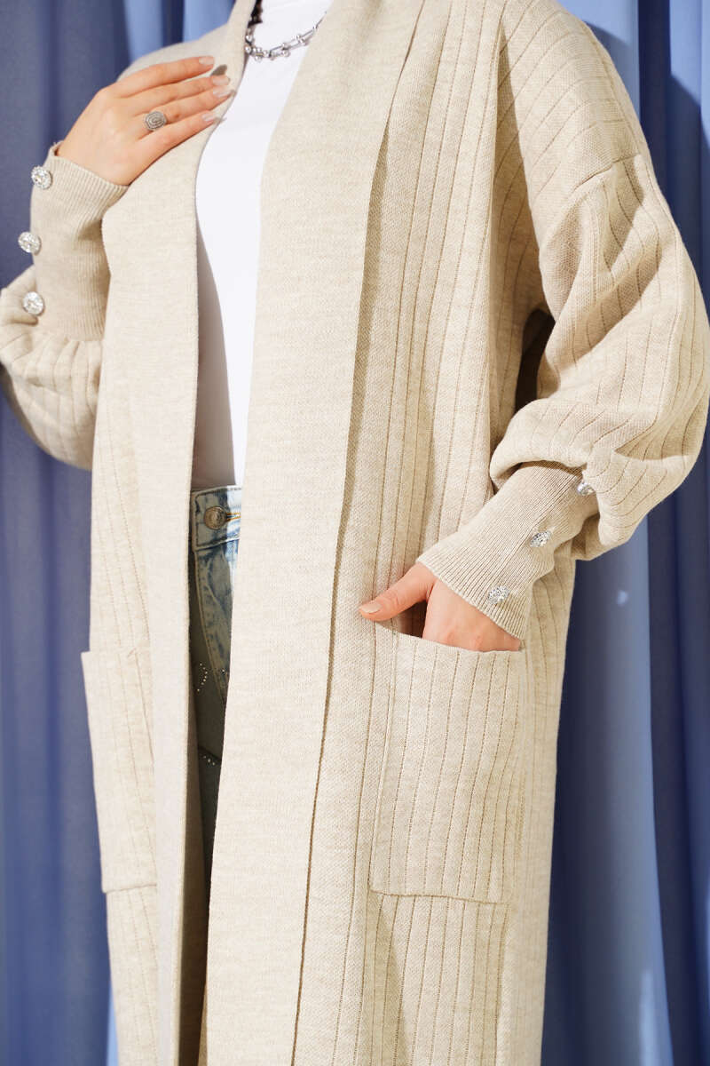 Buttoned Cuff Shawl Collar Knit Cardigan Beige - immagine 4