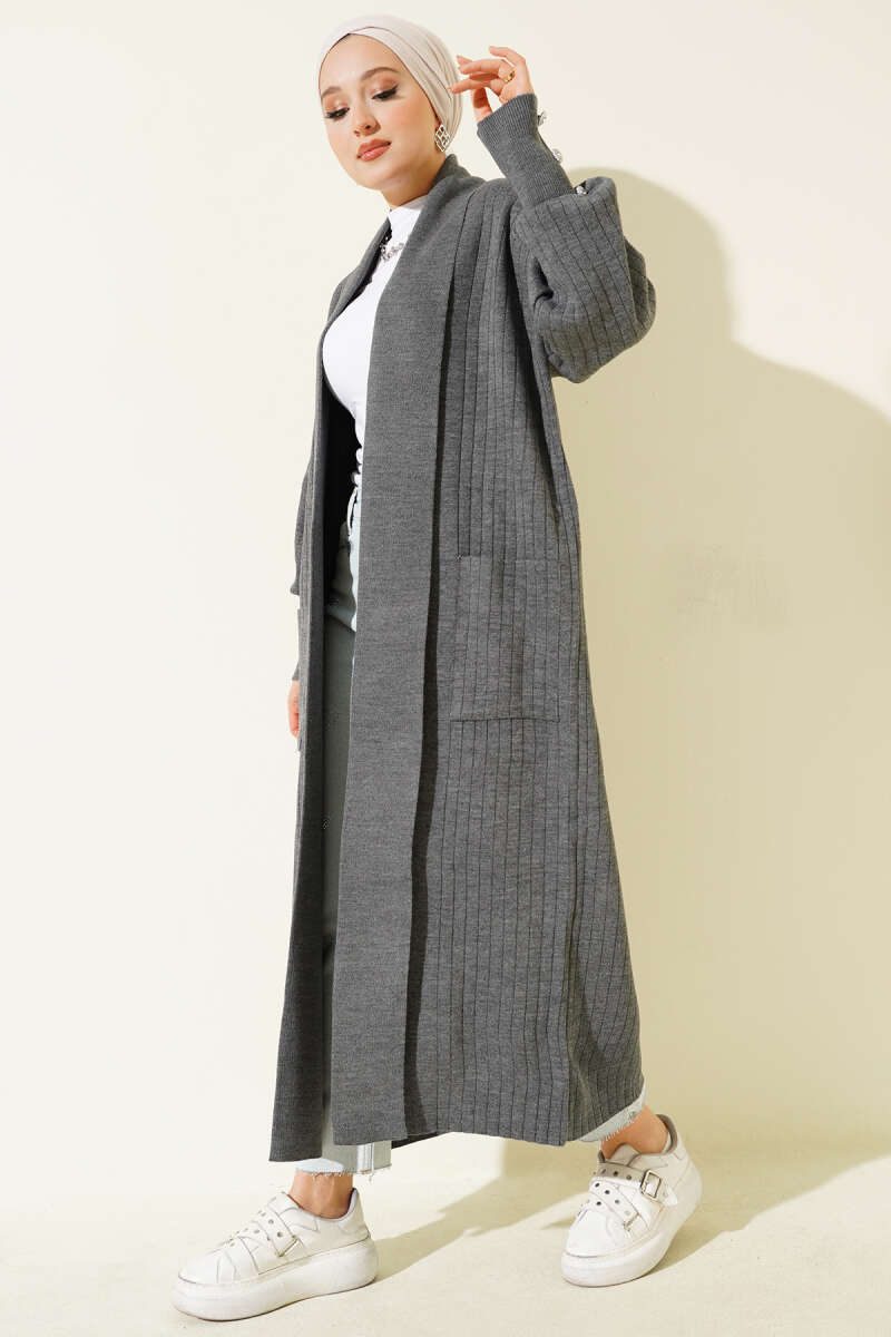 Buttoned Cuff Shawl Collar Knit Cardigan Smoke