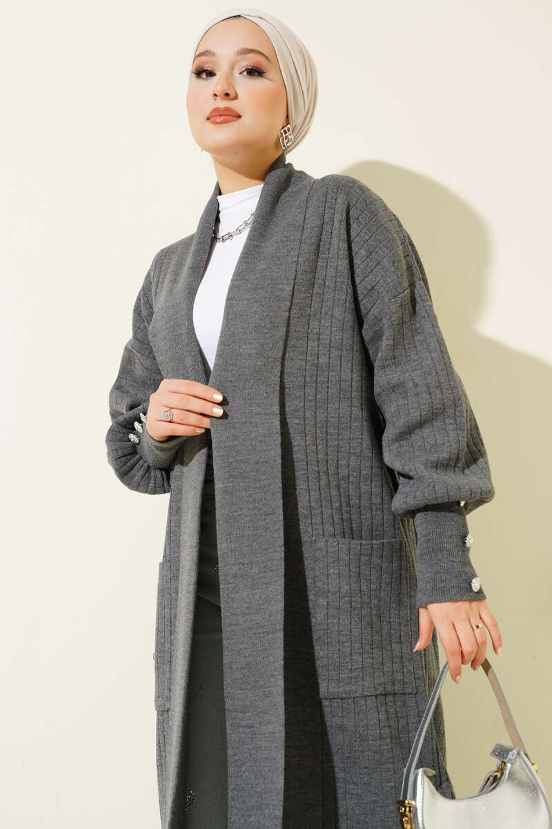 Buttoned Cuff Shawl Collar Knit Cardigan Smoke - immagine 2