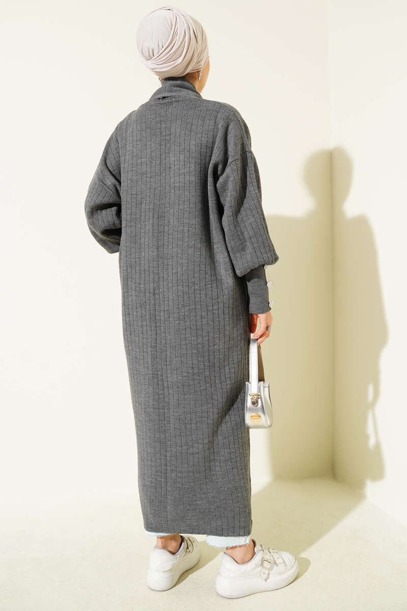 Buttoned Cuff Shawl Collar Knit Cardigan Smoke - immagine 3