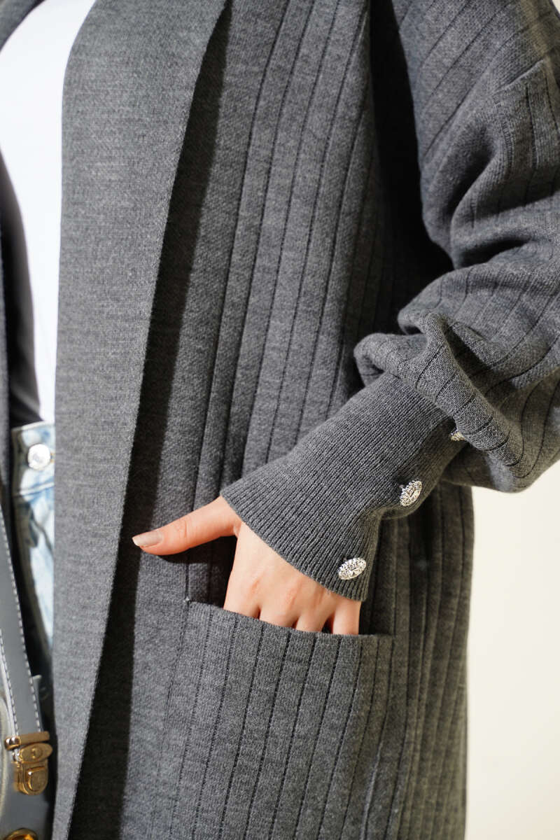 Buttoned Cuff Shawl Collar Knit Cardigan Smoke - immagine 4