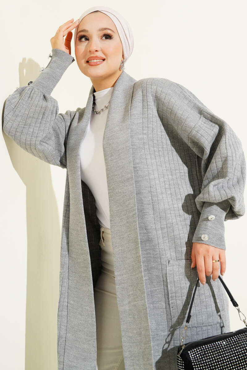 Buttoned Cuff Shawl Collar Knit Cardigan Grey