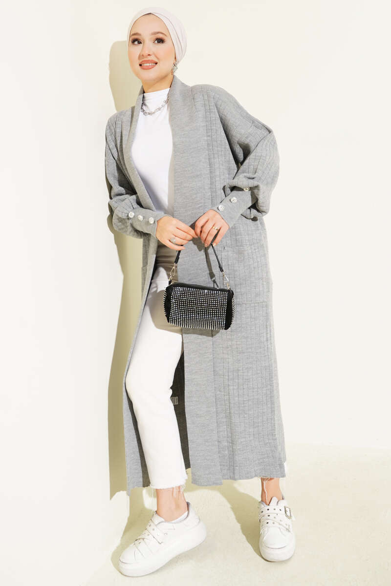 Buttoned Cuff Shawl Collar Knit Cardigan Grey - immagine 2