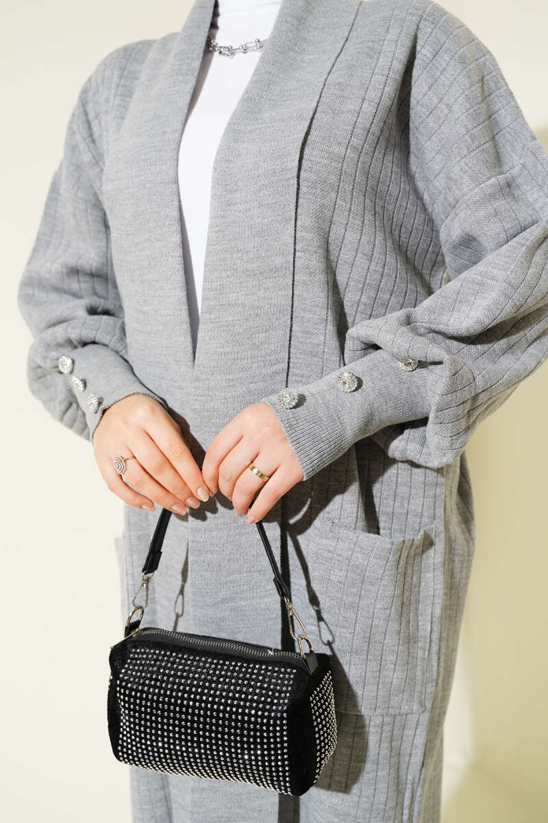 Buttoned Cuff Shawl Collar Knit Cardigan Grey - immagine 4