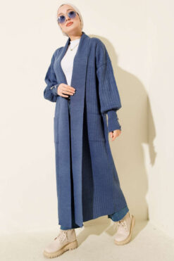 Alternative view of Buttoned Cuff Shawl Collar Knit Cardigan Indigo
