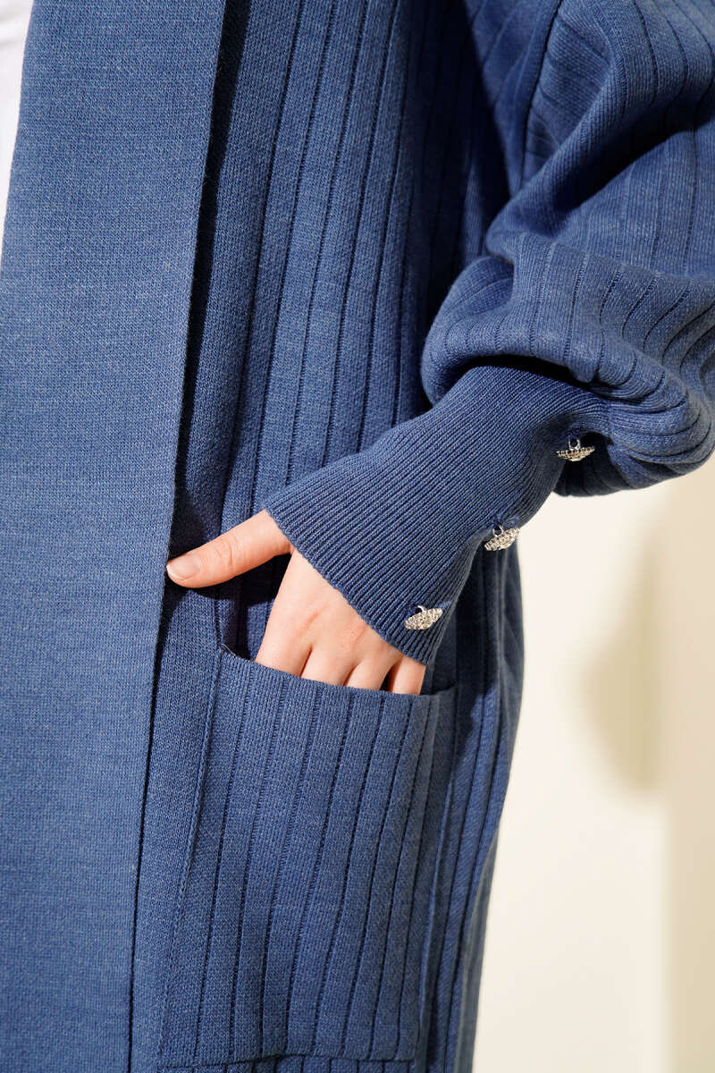 Buttoned Cuff Shawl Collar Knit Cardigan Indigo - Imagen 4