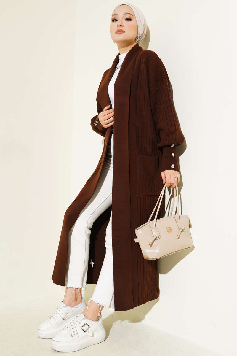 Buttoned Cuff Shawl Collar Knit Cardigan Brown