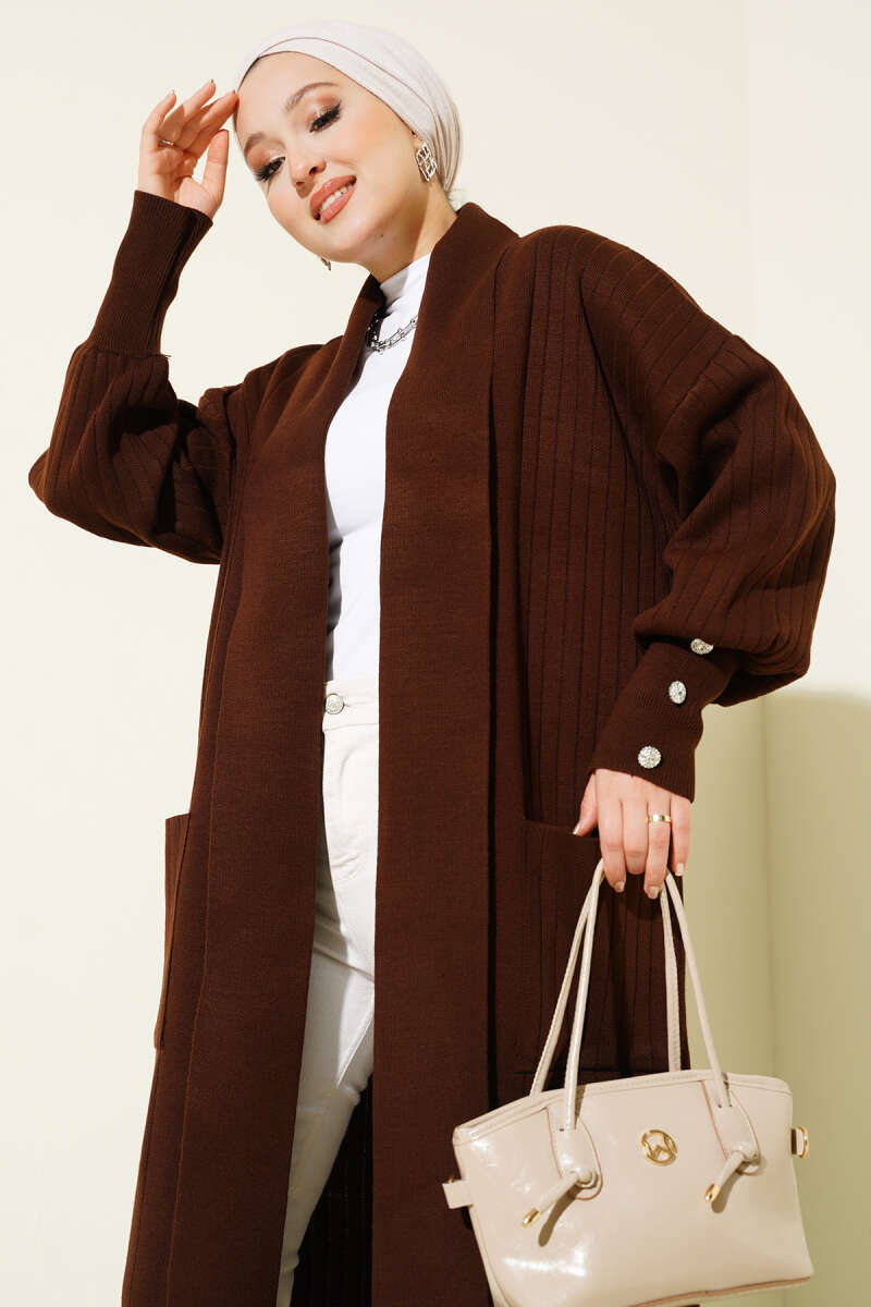 Buttoned Cuff Shawl Collar Knit Cardigan Brown - immagine 2