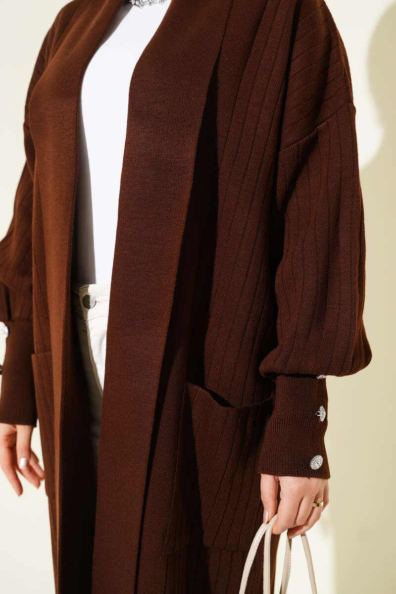 Buttoned Cuff Shawl Collar Knit Cardigan Brown - immagine 4
