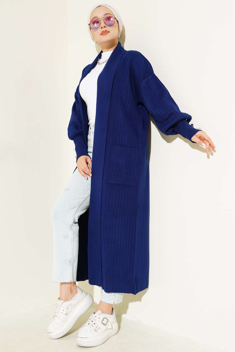 Buttoned Cuff Shawl Collar Knit Cardigan Navy Blue