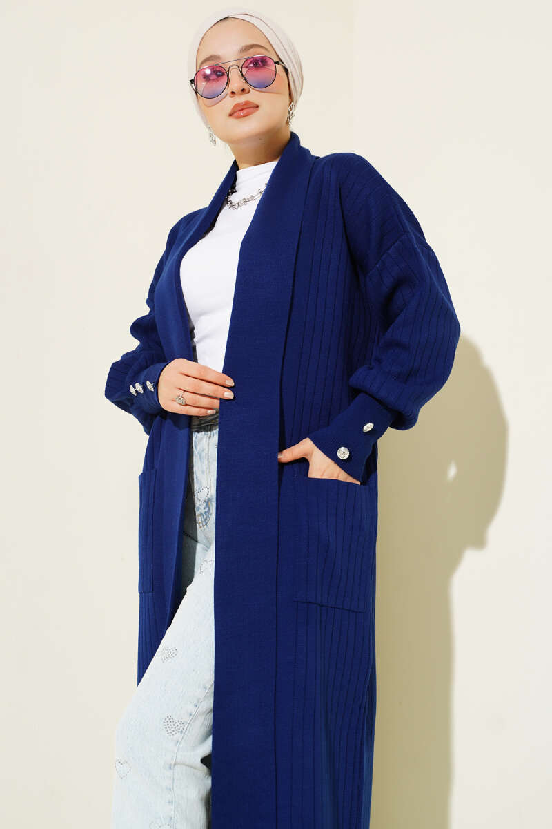 Buttoned Cuff Shawl Collar Knit Cardigan Navy Blue – Image 2