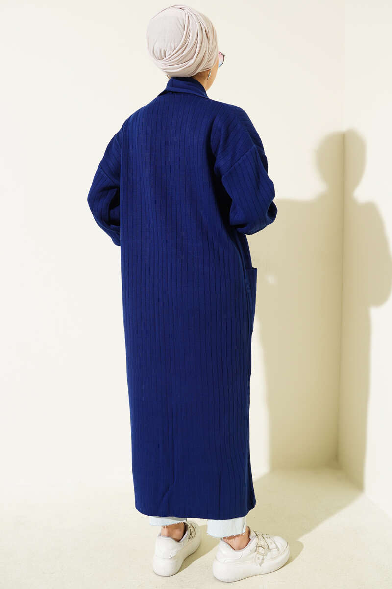 Buttoned Cuff Shawl Collar Knit Cardigan Navy Blue – Image 3