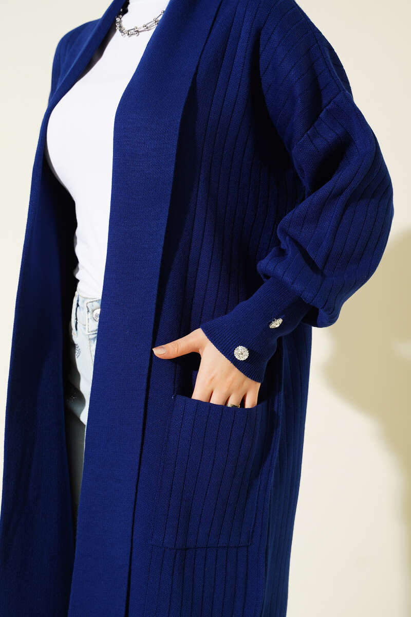 Buttoned Cuff Shawl Collar Knit Cardigan Navy Blue – Image 4