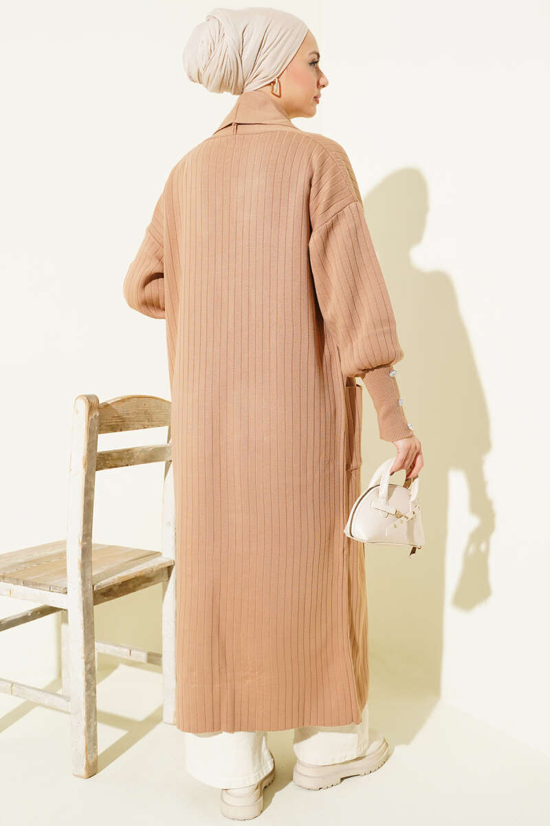Buttoned Cuff Shawl Collar Knit Cardigan Latte - الصورة 3