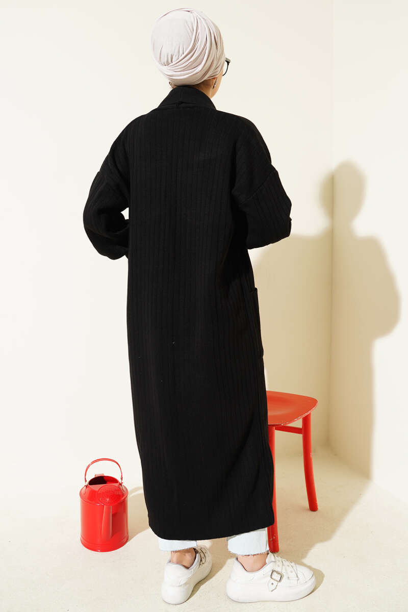 Buttoned Cuff Shawl Collar Knit Cardigan Black - immagine 3