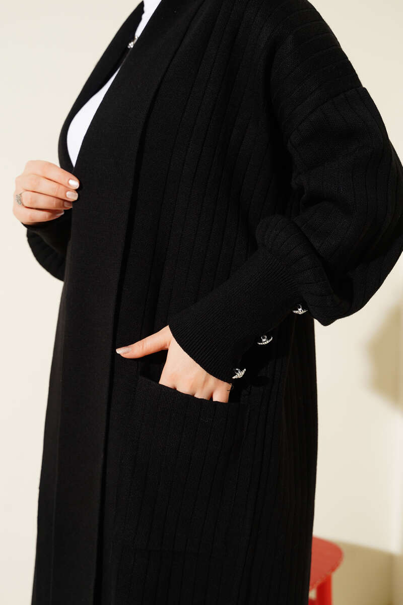 Buttoned Cuff Shawl Collar Knit Cardigan Black - immagine 4