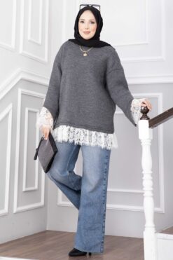 Alternative view of Long-Sleeve Knit Sweater with Lace Hem Edge Anthracite