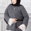 Long-Sleeve Knit Sweater with Lace Hem Edge Anthracite