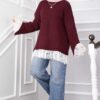 Long-Sleeve Knit Sweater with Lace Hem Edge Burgundy - Image 2