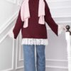 Long-Sleeve Knit Sweater with Lace Hem Edge Burgundy - Image 4