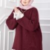 Long-Sleeve Knit Sweater with Lace Hem Edge Burgundy - Image 3