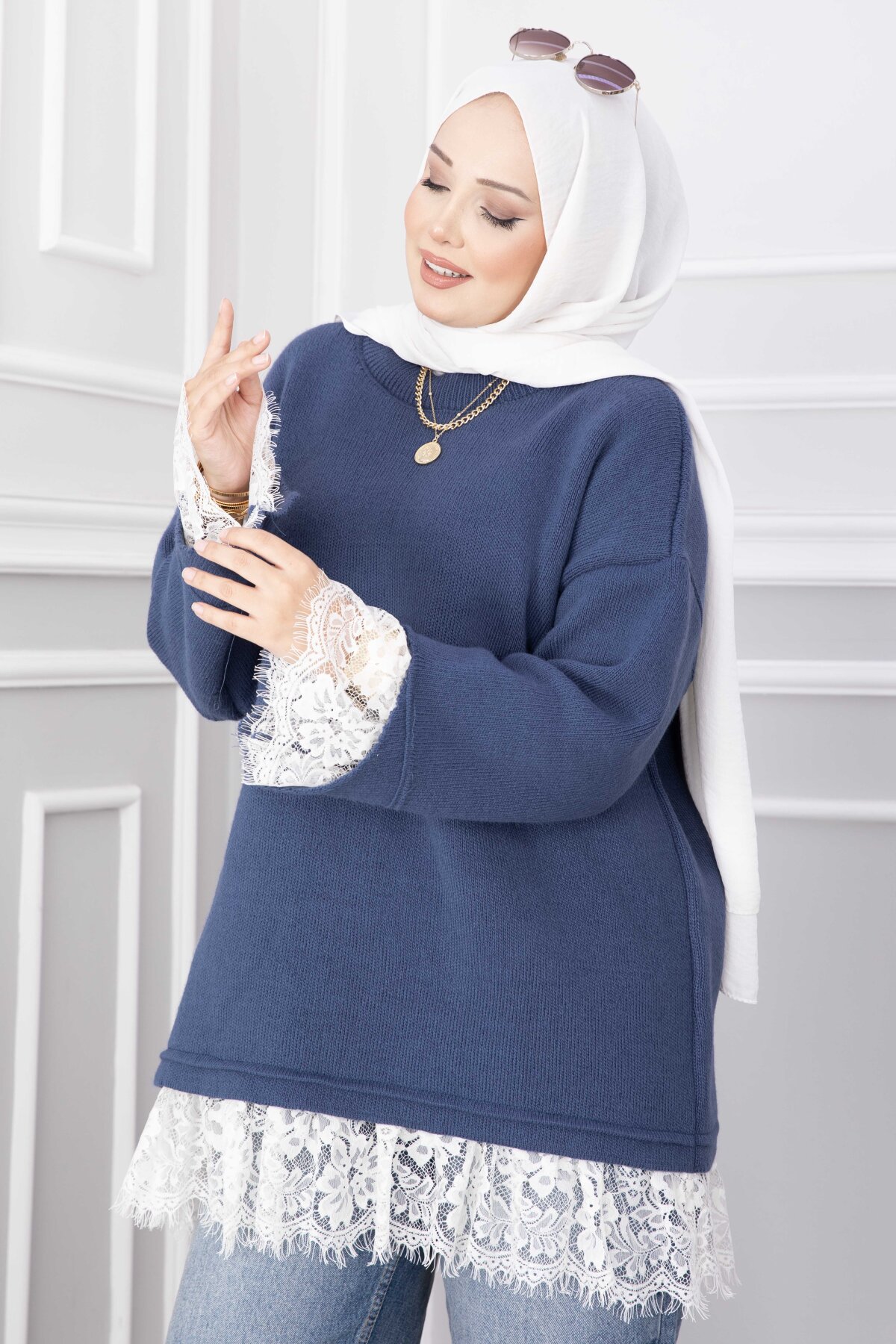 Long-Sleeve Knit Sweater with Lace Hem Edge Anthracite - Imagen 5
