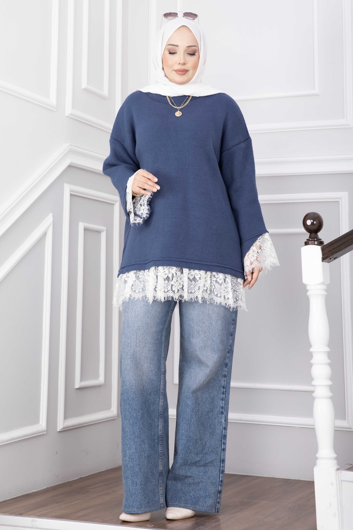 Long-Sleeve Knit Sweater with Lace Hem Edge Anthracite - Imagen 6