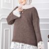 Long-Sleeve Knit Sweater with Lace Hem Edge Brown – Image 3