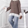 Long-Sleeve Knit Sweater with Lace Hem Edge Brown – Image 2