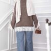 Long-Sleeve Knit Sweater with Lace Hem Edge Brown – Image 4