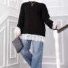 Long-Sleeve Knit Sweater with Lace Hem Edge Black - immagine 2