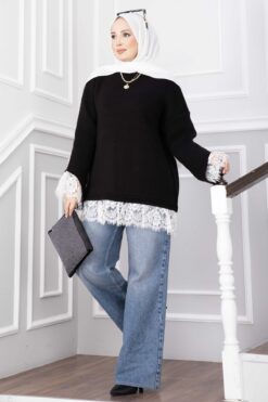 Alternative view of Long-Sleeve Knit Sweater with Lace Hem Edge Black