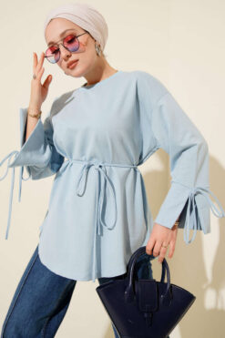 Lace-Up Long Sleeve French Terry Tunic Baby Blue