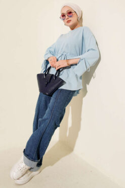 Alternative view of Lace-Up Long Sleeve French Terry Tunic Baby Blue