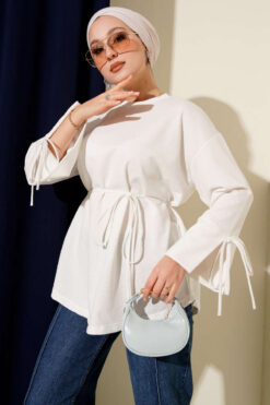 Lace-Up Long Sleeve French Terry Tunic White