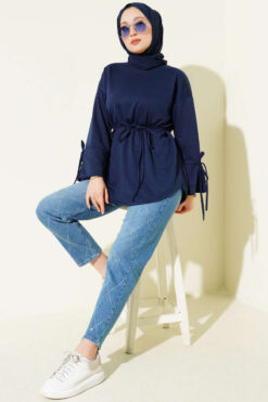 Alternative view of Lace-Up Long Sleeve French Terry Tunic Parliament Blue