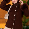 Faux Fur Trimmed Buttoned Knit Cardigan Brown