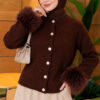 Faux Fur Trimmed Buttoned Knit Cardigan Brown – Bild 3